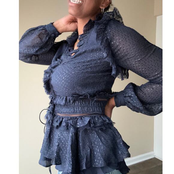 Johnathan Simkhai Navy Semi Sheer Chiffon Ruffle Blouse Size Medium - Picture 4 of 12